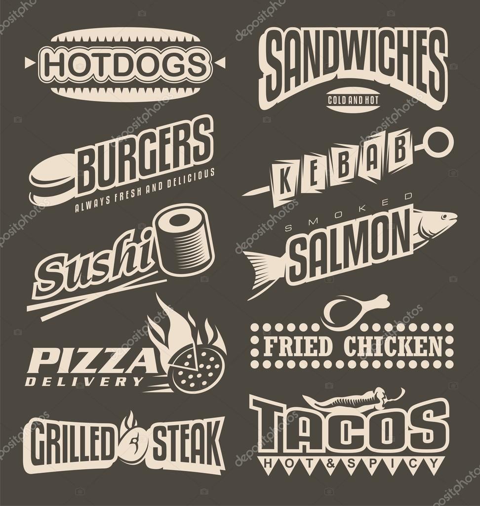 Fast food menu labels collection. Retro design elements for restaurant menu. Hot dog, burger, sandwich, kebab, salmon, pizza, tacos, sushi, fried chicken, grill and barbecue vintage text templates.