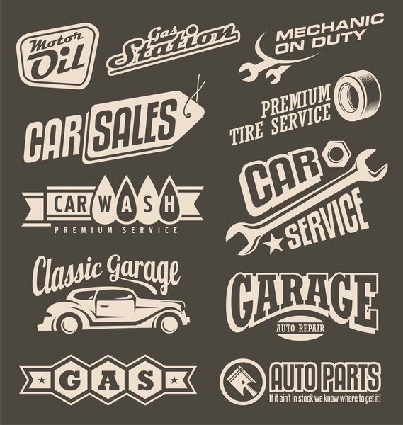 Transportation label collection on dark background