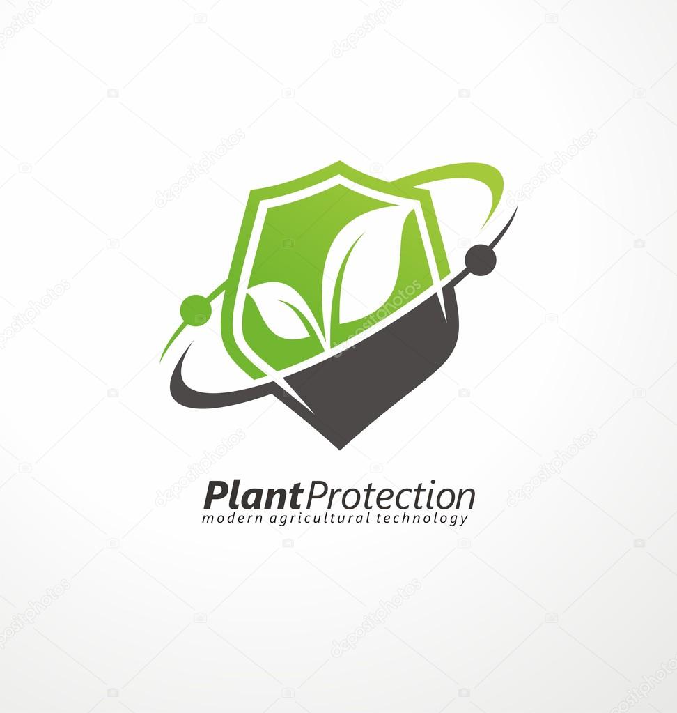 Plant protection creative symbol concept. Modern agricultural technology logo design template. Shield shape with plant in negative space logo layout.