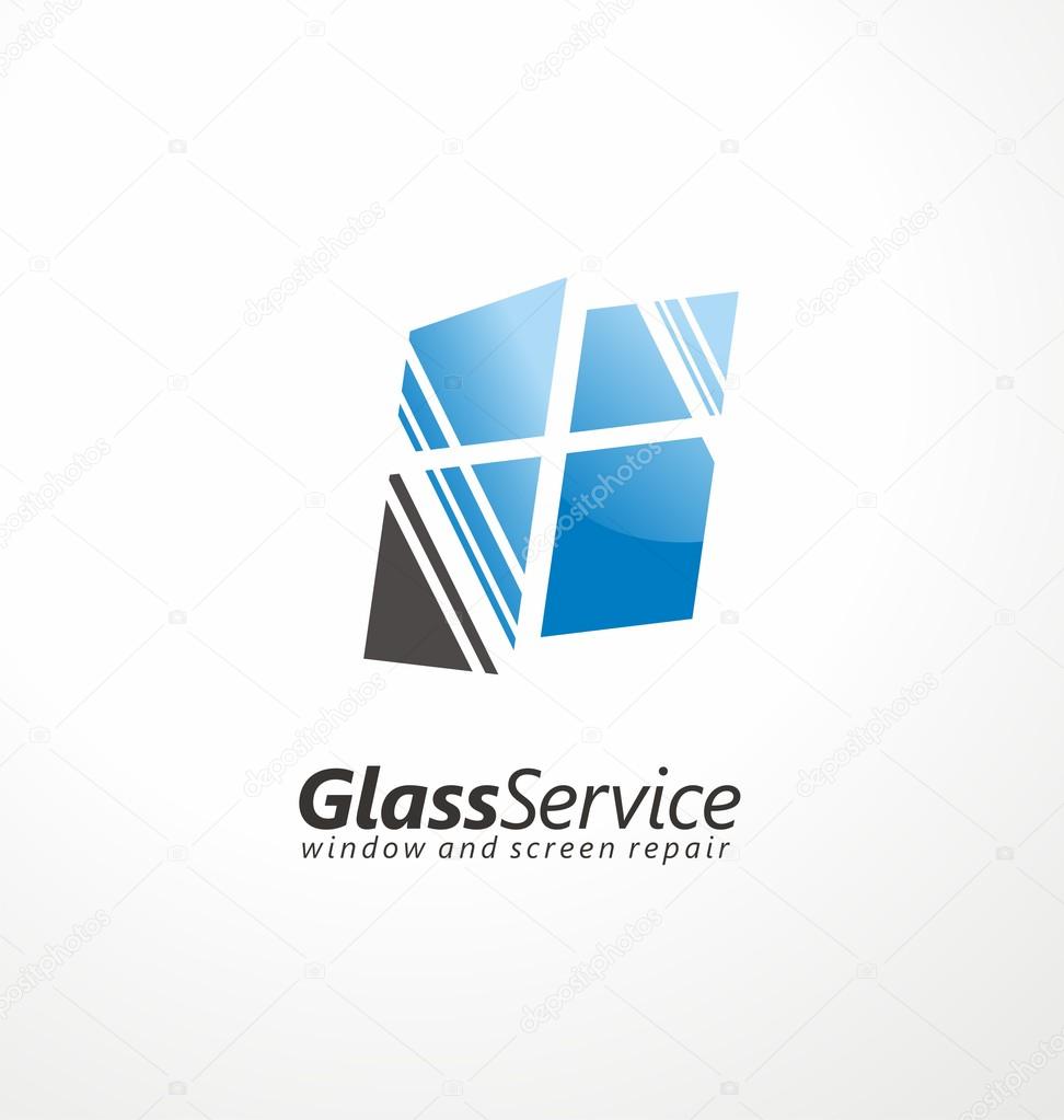 Glass service symbol layout. Windows and screens repair creative logo design concept. Sales, repairs and installations. Residential, commercial and auto glass. Glass cutter.