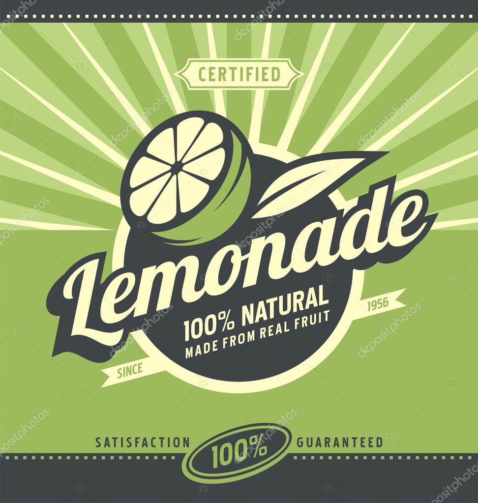Lemon slice and lemonade. Retro poster design for 100 percent natural lemonade. Vintage label for organic fruit product. Food and drink promotional ad template creative concept.