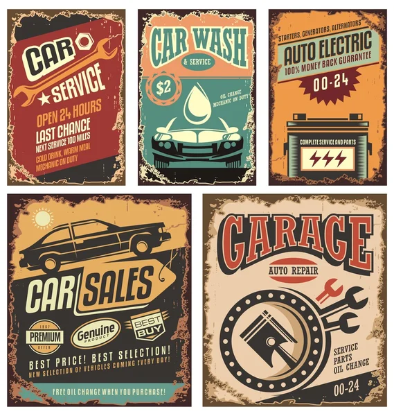 Servicio de coches vintage letreros metálicos y carteles vector — Archivo Imágenes Vectoriales