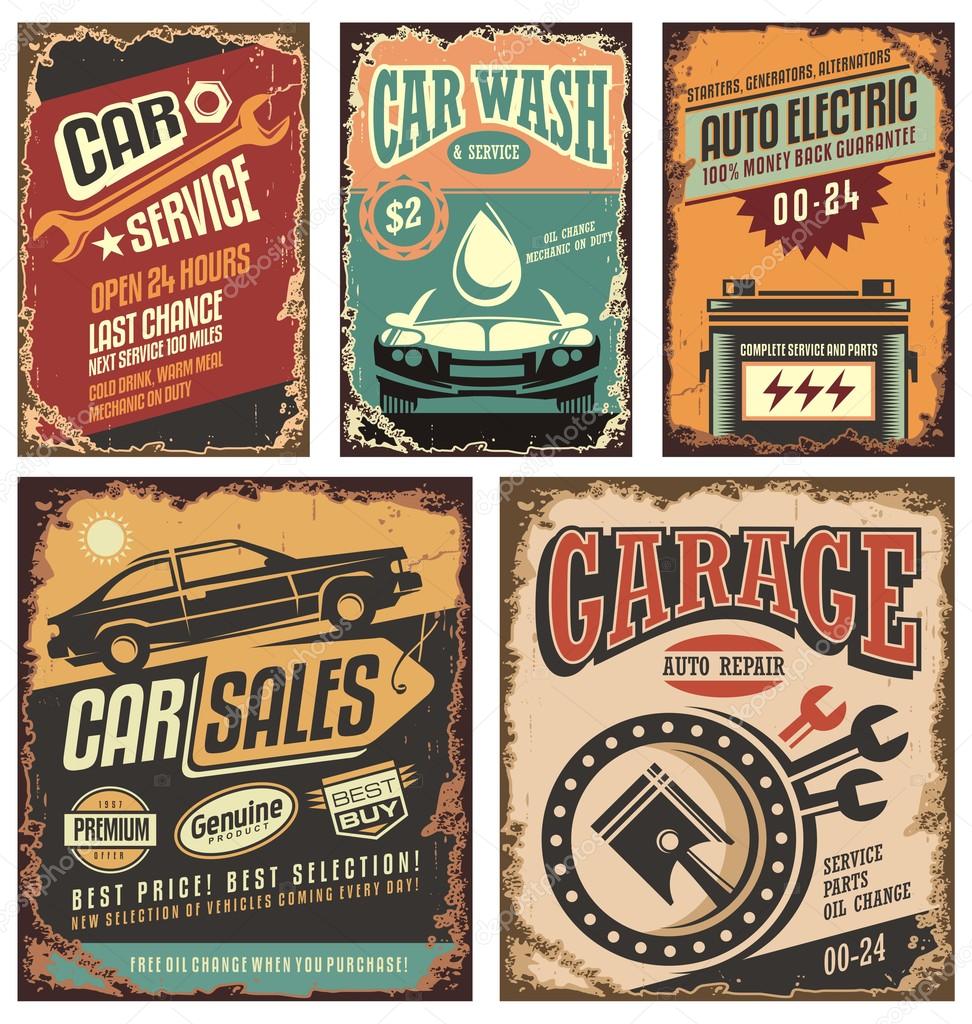 Vintage car service metal signs and posters vector