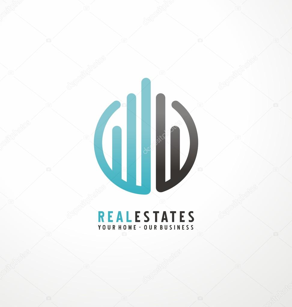 Modern design with commercial building and chart bars. Flat business logo design on white background. Simple style icon layout with rounded lines. Symbol concept for accounting or real estate firm.