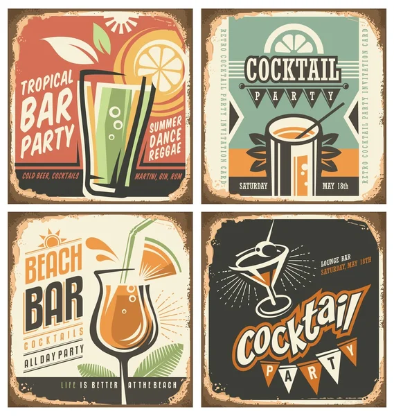 Cocktail bar retro conjunto sinal de lata — Vetor de Stock