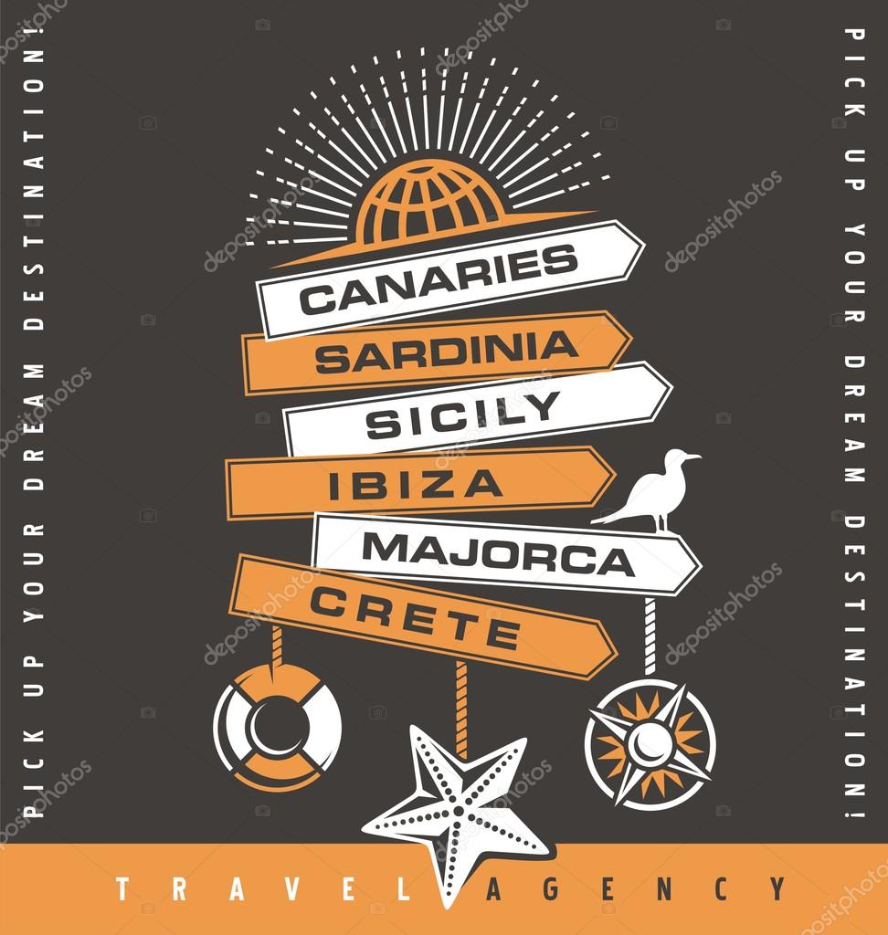 Travel agency promotion banner design. Summer holiday popular destinations ad template. Booking and reservations. Web or print vacation layout for best summer locations in Europe and world wide.