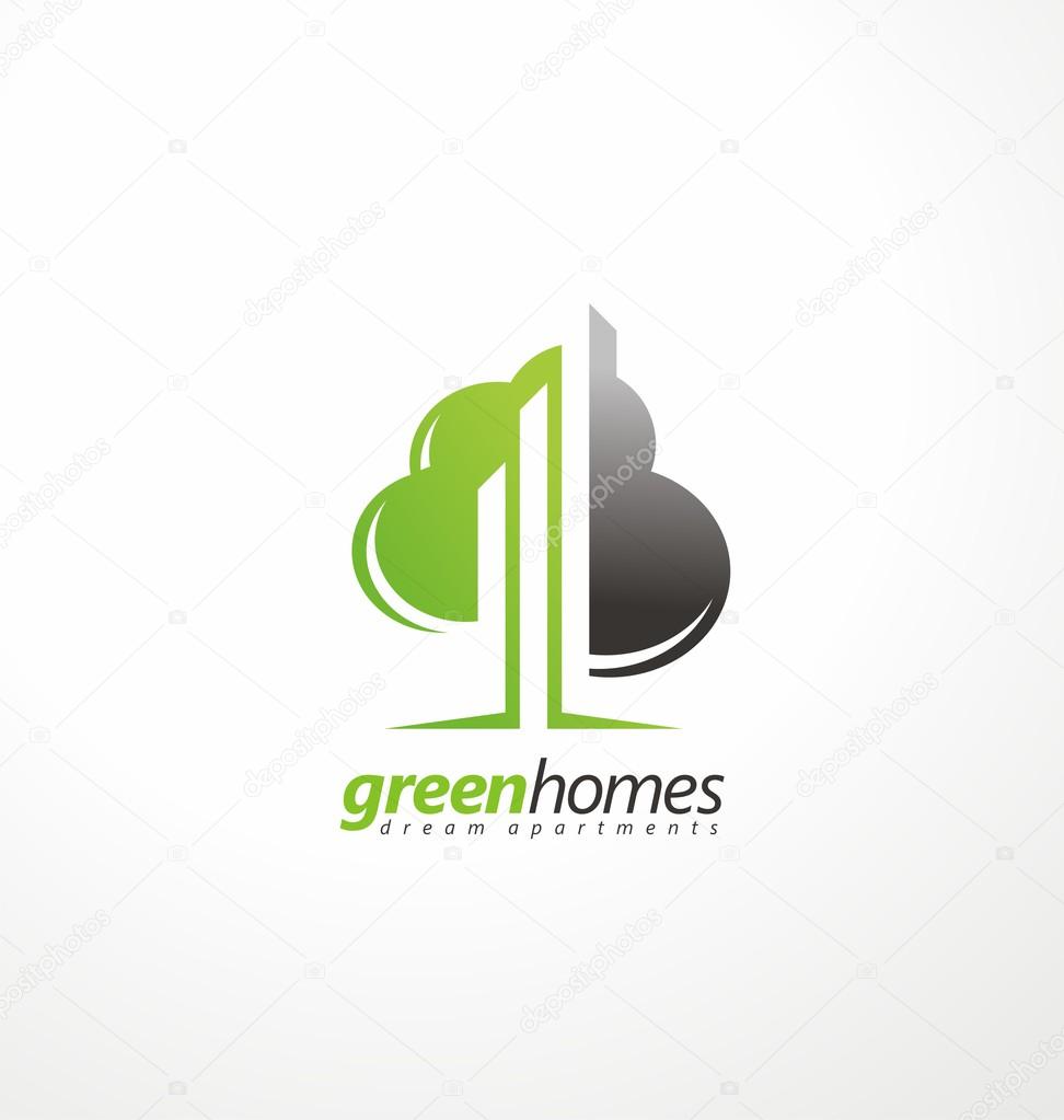 Tree shape with city skyline in negative space. Creative logo design concept for real estate business. Green homes symbol template. Logo design with commercial building and chart bars.