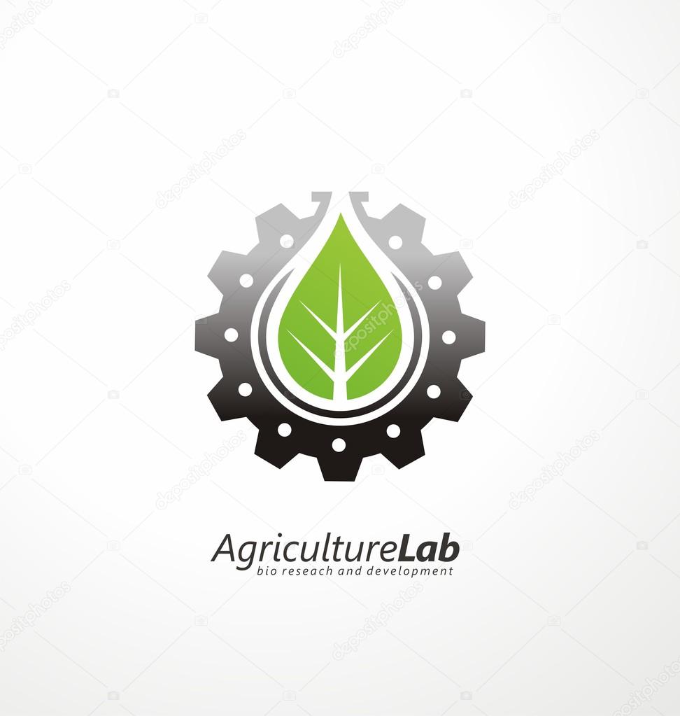 Creative symbol concept with gear, green leaf and subtly shape of lab flask in negative space. Modern agricultural technology logo design template. Icon idea for farming and food production theme.