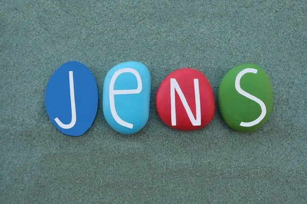 Jens Nome Próprio Masculino Composto Por Letras Pedra Multicoloridas Sobre — Fotografia de Stock