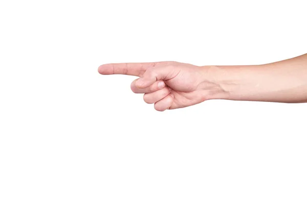 Persona masculina muestra la dirección con el dedo índice. gesturing concept.isolated sobre un fondo blanco — Foto de Stock