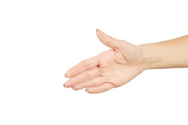 Kafkas kadın eli açık el hareketi gösteriyor. Beyaz bir arka planda izole edilmiş. jest kavramı