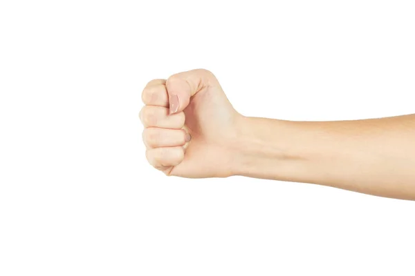 Caucasiana pessoa do sexo feminino mostrando gesto punho. isolado sobre um fundo branco. conceito gestual — Fotografia de Stock