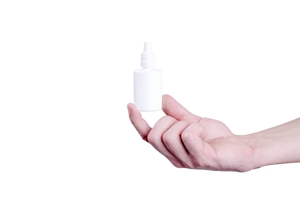 Person hold in arm white nasal spray bottle. isolated on white background — Stock Photo, Image