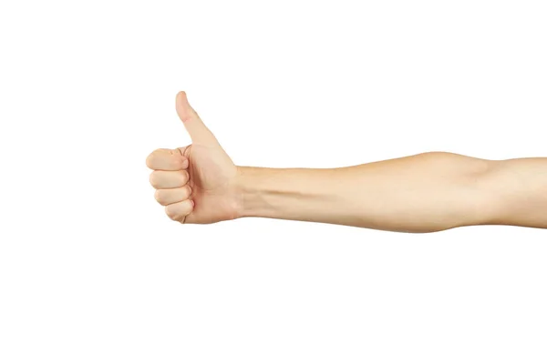 人的大拇指在白色背景上显示出孤立的迹象。好的手势概念案文的篇幅 — 图库照片
