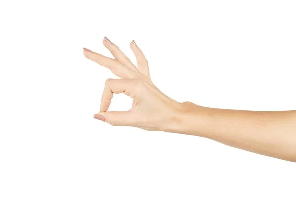 Pessoa feminina caucasiana gestos símbolo ok isolado em um fundo branco. conceito de gesto positivo — Fotografia de Stock