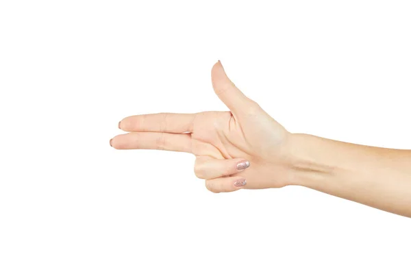 A female person showing gun or pistol gesture isolated on a white background. number three gesture — Stock Photo, Image