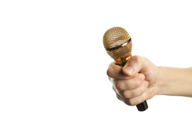 Beyaz arka planda izole edilmiş altın mikrofon. kopyalama alanı. Ses kayıt cihazları. tasarım veya dekorasyon için