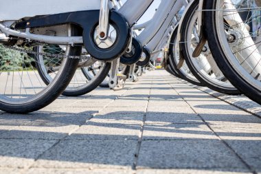 Şehir bisiklet kiralama parkı. Seçici odak noktası. Güneşli bir gün. Tasarım için boşluk