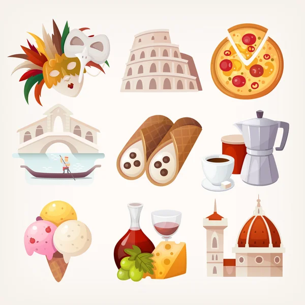 Stickers avec des vues et de la nourriture célèbre de l'Italie . — Image vectorielle