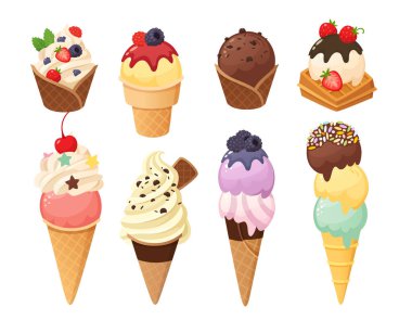 Çeşitli dondurma çeşitleri var. Donmuş dondurma toplarıyla dolu farklı waffle bardakları ve çikolata, çilekli dondurma ve serpiştirilmiş yumuşak dondurma. İzole vektör resimleri.
