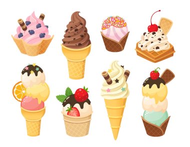 Çeşitli dondurma çeşitleri var. Donmuş dondurma toplarıyla dolu farklı waffle bardakları ve çikolata, çilekli dondurma ve serpiştirilmiş yumuşak dondurma. İzole vektör resimleri.