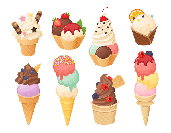 Variety of ice creams. Set of different waffle cups filled with frozen ice cream balls and whipped soft gelato, covered with chocolate, strawberry sundae and sprinkles.  Isolated vector images.