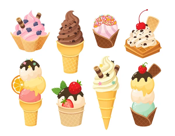 Variété Glaces Ensemble Différentes Tasses Gaufres Remplies Boules Crème Glacée — Image vectorielle