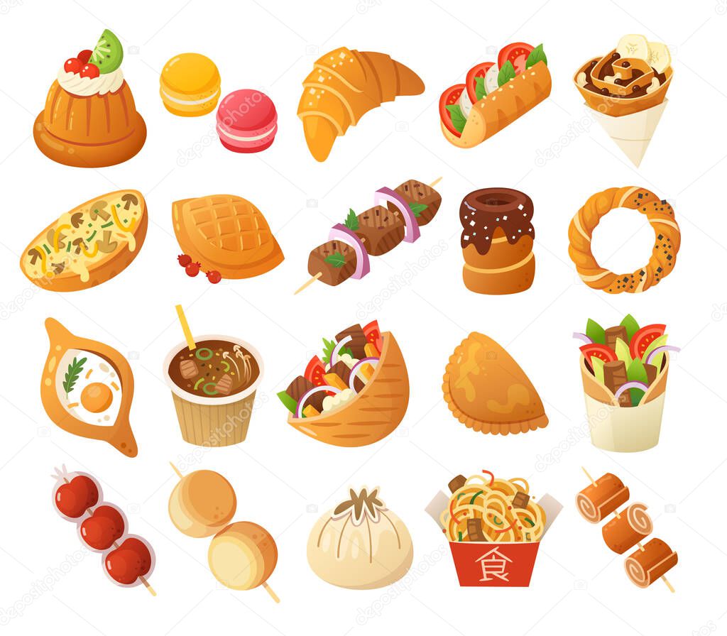 Street food images. French, Polish, Turkish and Chinese cuisines. Vector icons.