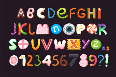 Cadılar Bayramı vektör alfabesi içinde şeker ve şekerlerden yapılmış harfler ve numaralar var. Bölüm 3 / 3