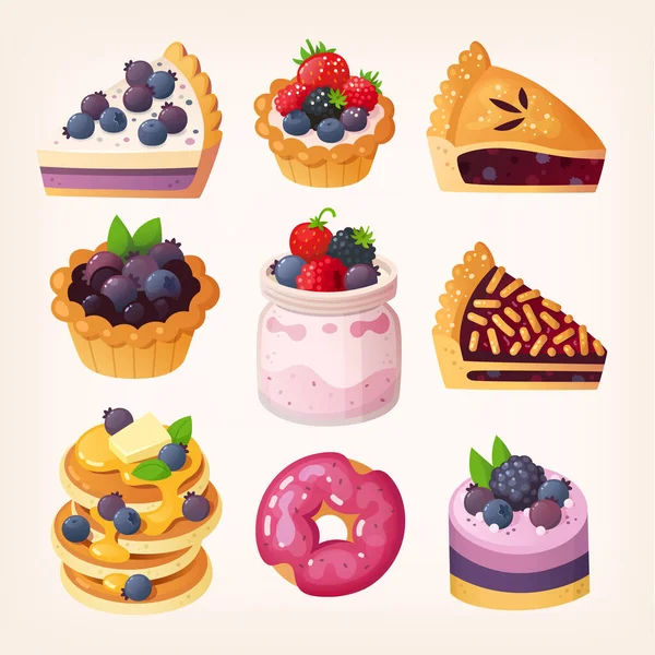 Ensemble Illustrations Vectorielles Desserts Aux Myrtilles — Image vectorielle