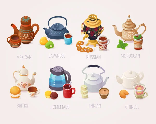 Big Variety Tea Cups Kettles Tea Drinking Traditions Vector Images — Stock Vector