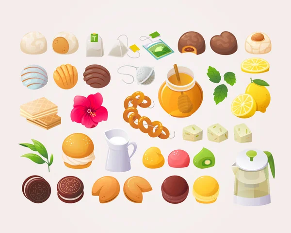 Grote Verscheidenheid Aan Desserts Sidings Supplementen Een Grote Kop Thee — Stockvector