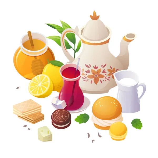 Tea Time Vector Illustration Cups Kettles Supplements — Stock Vector