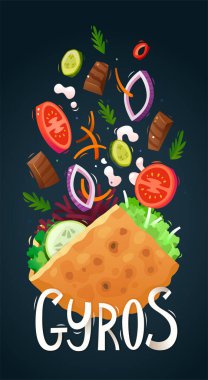 Et sebzeleri ve pidanın içine düşen diğer malzemeler. Lezzetli taze jiroskoplu sandviçin vektör çizimi.