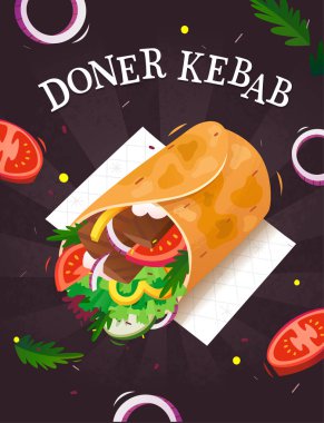 Etrafında donör kebap, shawarma ve sebze olan poster şablonu. Vektör illüstrasyonu