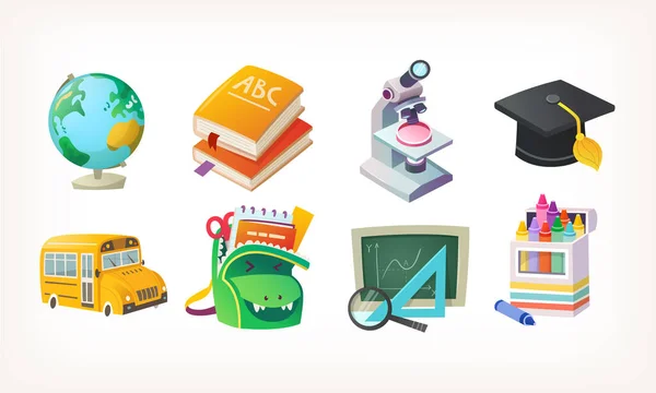 Conjunto Iconos Ilustraciones Volver Pegatinas Escuela Imágenes Vectoriales Aisladas Artículos — Vector de stock