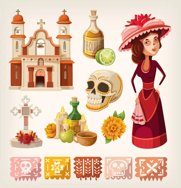 Conjunto de artículos para el día de los muertos — Vector de stock