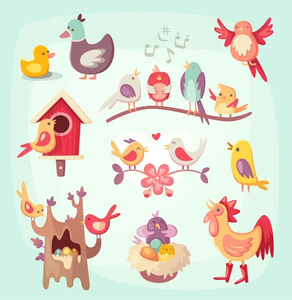 Conjunto de coloridas aves de primavera — Vector de stock