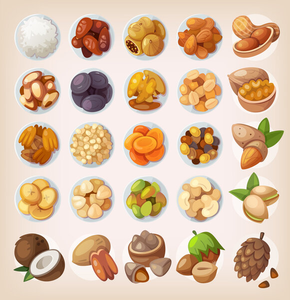 Set of colorful fruit and nuts.