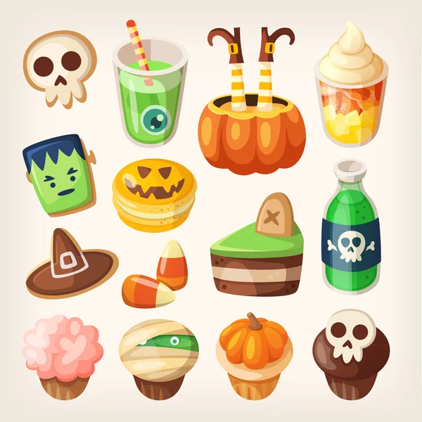 Ensemble de collations et desserts colorés de fête d'Halloween — Image vectorielle