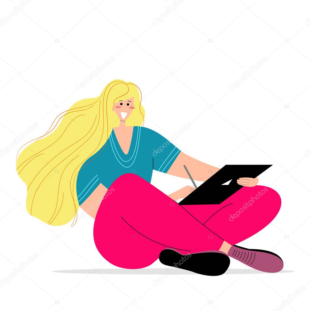 Happy woman sitting and holding tablet and pencil in her hands. Vector illustration in trendy flat and hand drawn styles isolated on white background