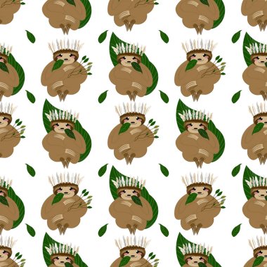 Boho tarzında Kızılderili unsurları olan şirin bir tembel hayvan. Bebek tekstil ürünleri, parmak izleri, İskandinav tarzı parti davetiyeleri. Vektör illüstrasyonu beyaz arkaplanda izole edildi