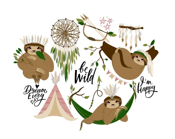 Mignon paresseux avec des éléments indiens et des phrases de lettrage à la main dans le style boho. Collection sur textile pour bébé, imprimés, cartes d'invitation de fête, décor pour chambre d'enfant dans un style scandinave. Vecteur — Image vectorielle