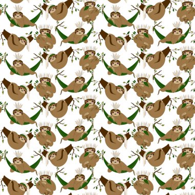 Boho tarzında Kızılderili unsurları olan şirin bir tembel hayvan. Bebek tekstil ürünleri, parmak izleri, İskandinav tarzı parti davetiyeleri. Vektör illüstrasyonu beyaz arkaplanda izole edildi