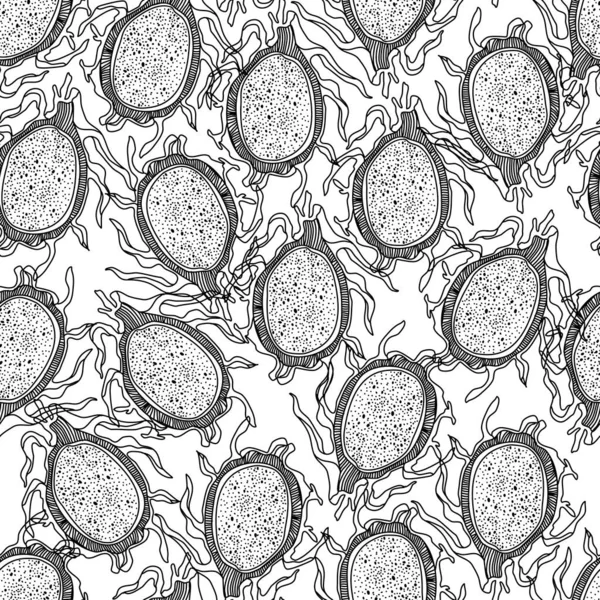 Draken frukt skivor sömlösa mönster i klotter stil. Exotiska frukter för textil, tyg, tyg, tryck, digitalt papper på mörk bakgrund. Handritad tropisk frukt vektor illustration — Stock vektor