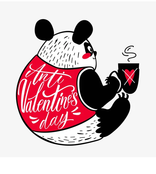 Anti Valentines dag söt panda med kaffe i platt och handritade stilar. Vektor illustration för alla hjärtans dag, gratulationskort, affischer, digitala och sociala medier — Stock vektor