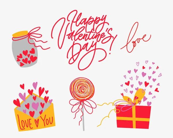 День Святого Валентина набір з намальованими вручну цукерками, сердечками, написом, листівкою, подарунковою коробкою, елементами баночки ізольовані на білому тлі. Векторні ілюстрації — стоковий вектор