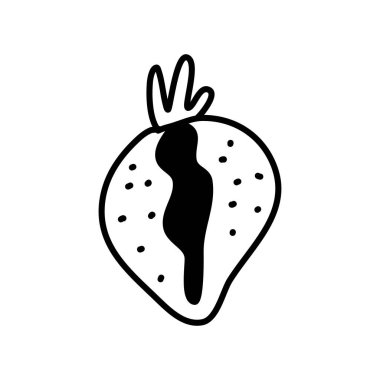 Çilekli karalama vektörü. Elle kesilmiş meyve, çizim ve online stil. Resim yazdırma, simge ve paketleme için beyaz arkaplanda izole edildi