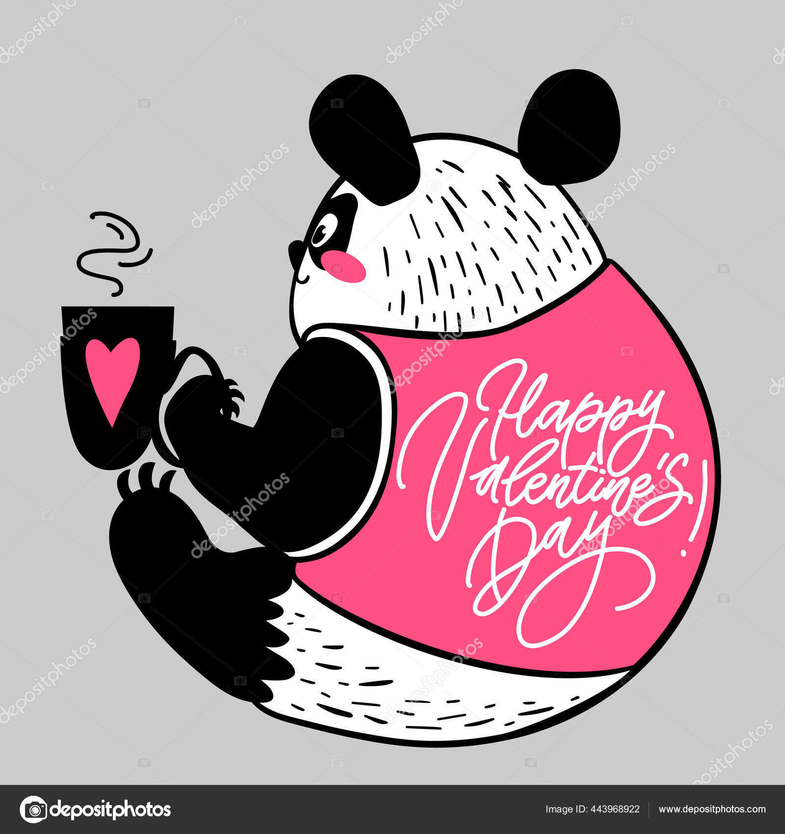 Happy Valentines Day Cute Panda Dengan Kopi Dengan Gaya Gambar Stok Vektor Arthalych 443968922