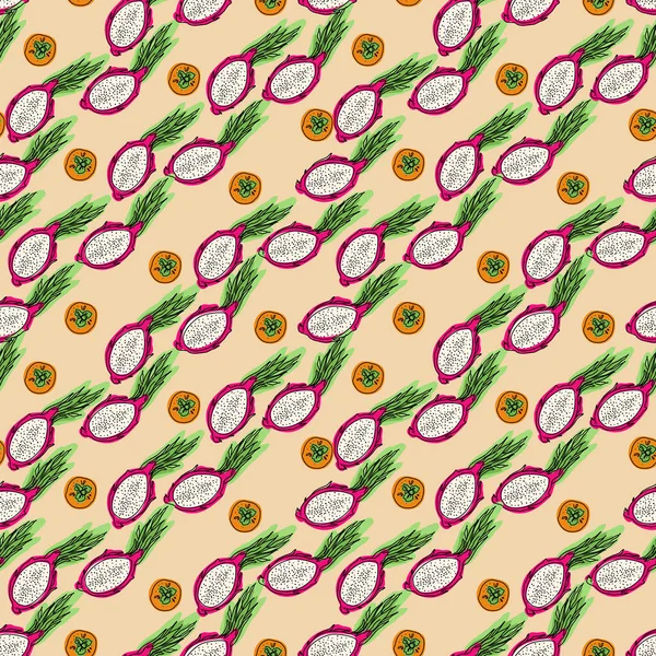 Fatias de frutas de dragão e cáqui sem costura padrão no doodle e estilo plano. Frutos exóticos para têxteis, tecidos, tecidos, estampas, papel digital sobre fundo escuro. Vetor de frutas tropisiano desenhado à mão — Vetor de Stock